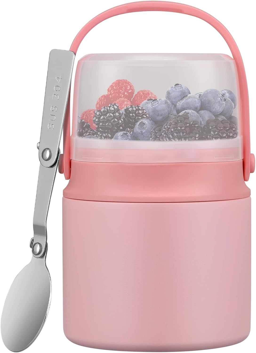 2-in-1 Insulated Food Jar with a Snack Container - 15oz Kids Soup Thermo for Hot Food with Handle and Spoon, Leak Proof Bento Lunch Box Kids, Perfect for School & Travel, Pink