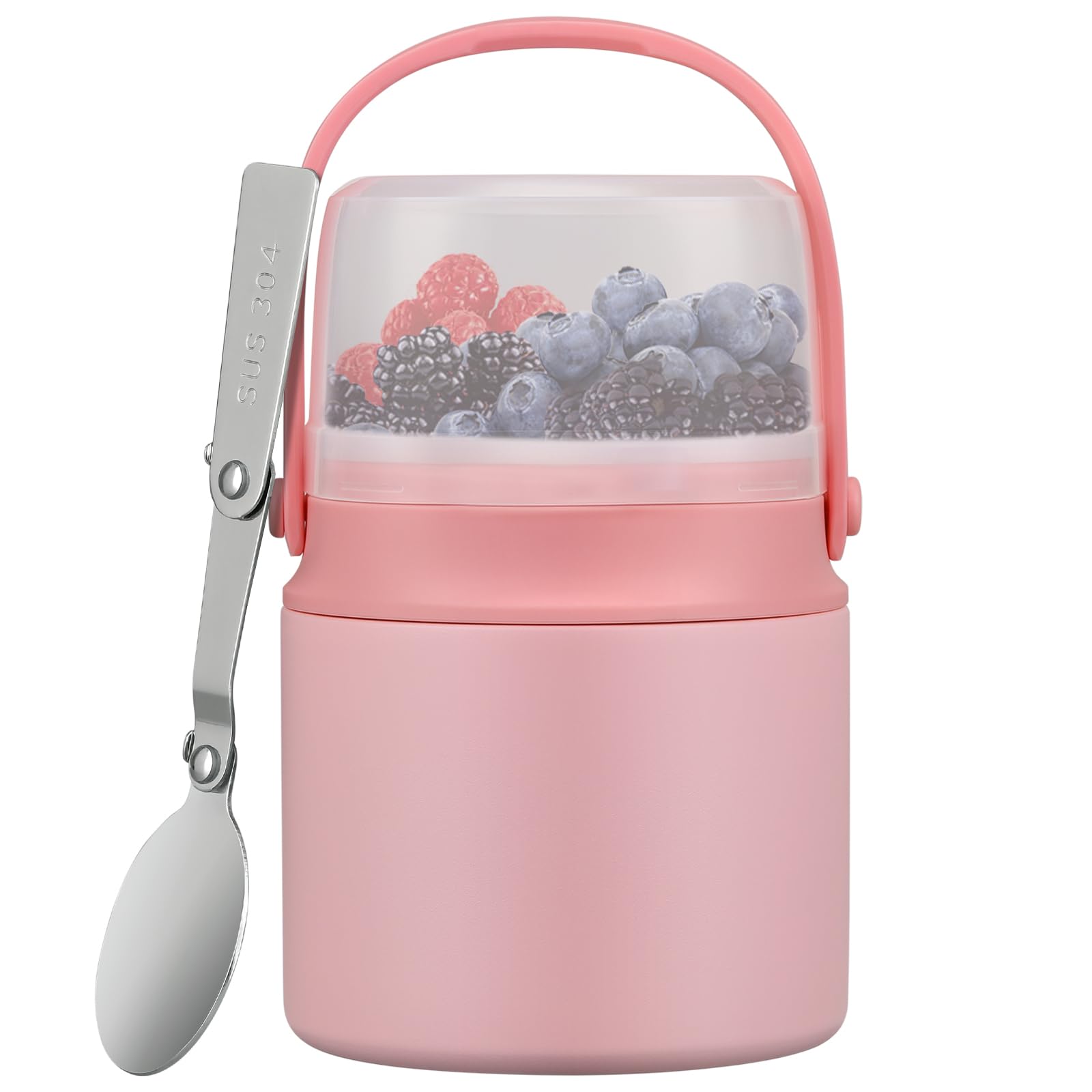 2-in-1 Insulated Food Jar with a Snack Container - 15oz Kids Soup Thermos for Hot Food with Handle and Spoon, Leak Proof Bento Lunch Box Kids, Perfect for School & Travel, Pink