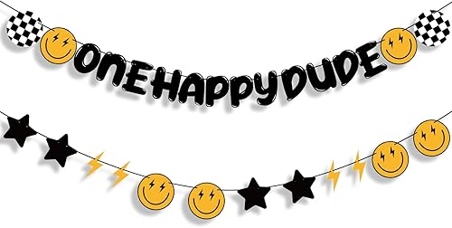 Crowye 28 piezas de decoración de cumpleaños con texto en inglés "One Happy Dude One Happy Dude 1st Birthday", pancarta de primer cumpleaños con