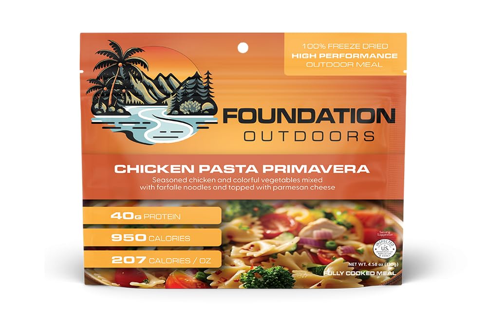 Foundation Outdoors Chicken Pasta Primavera, Freeze Dried Backpacking & Camping Food, Emergency Food, High Protein Meal (6)