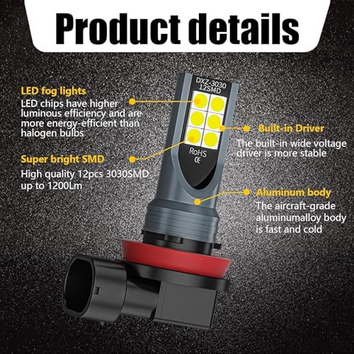 Nowkont Pack-2 Car H8/H11 LED Fog Light Bulb, 1500LM 3030-12SMD 360 Degree Lighting High Brightness Tail Light, 50000H 6000K Stable Light Source Reversing Light, Universal for Most Cars (White)