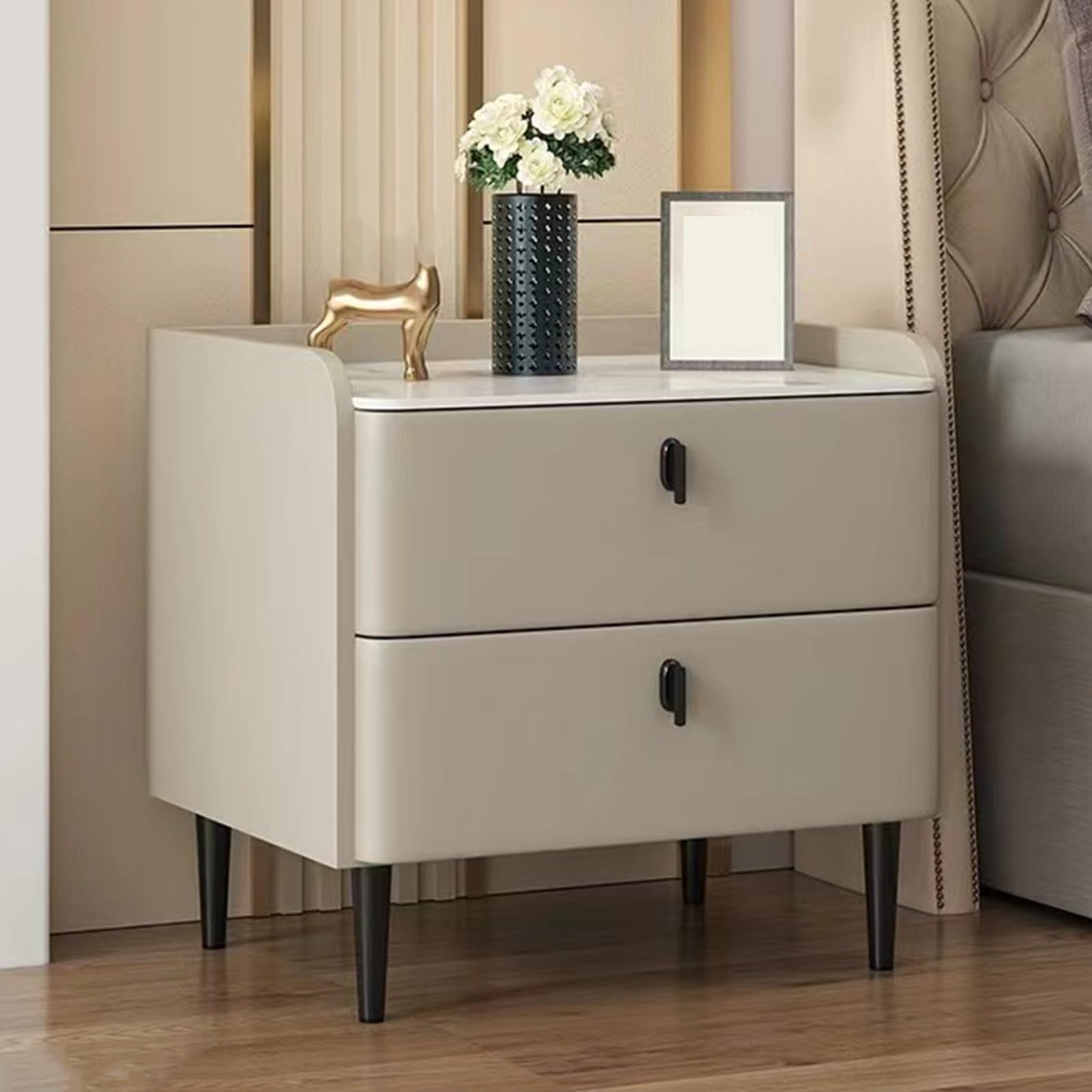 Table de chevet champagne et noir 45 cm avec 2 tiroirs