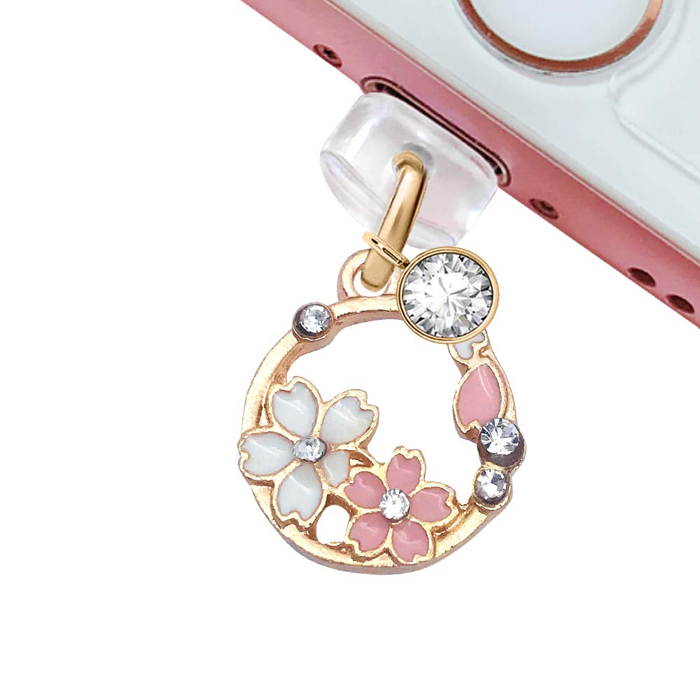 ELISE & FONDA CP85 USB Charging Port Anti Dust Plug Cute Little Cherry Blossom Garland Pendant Phone Charm for iPhone 11/ XS MAX/XR/X/8 Plus/7/6S/7/SE iPad iPod （Pink）