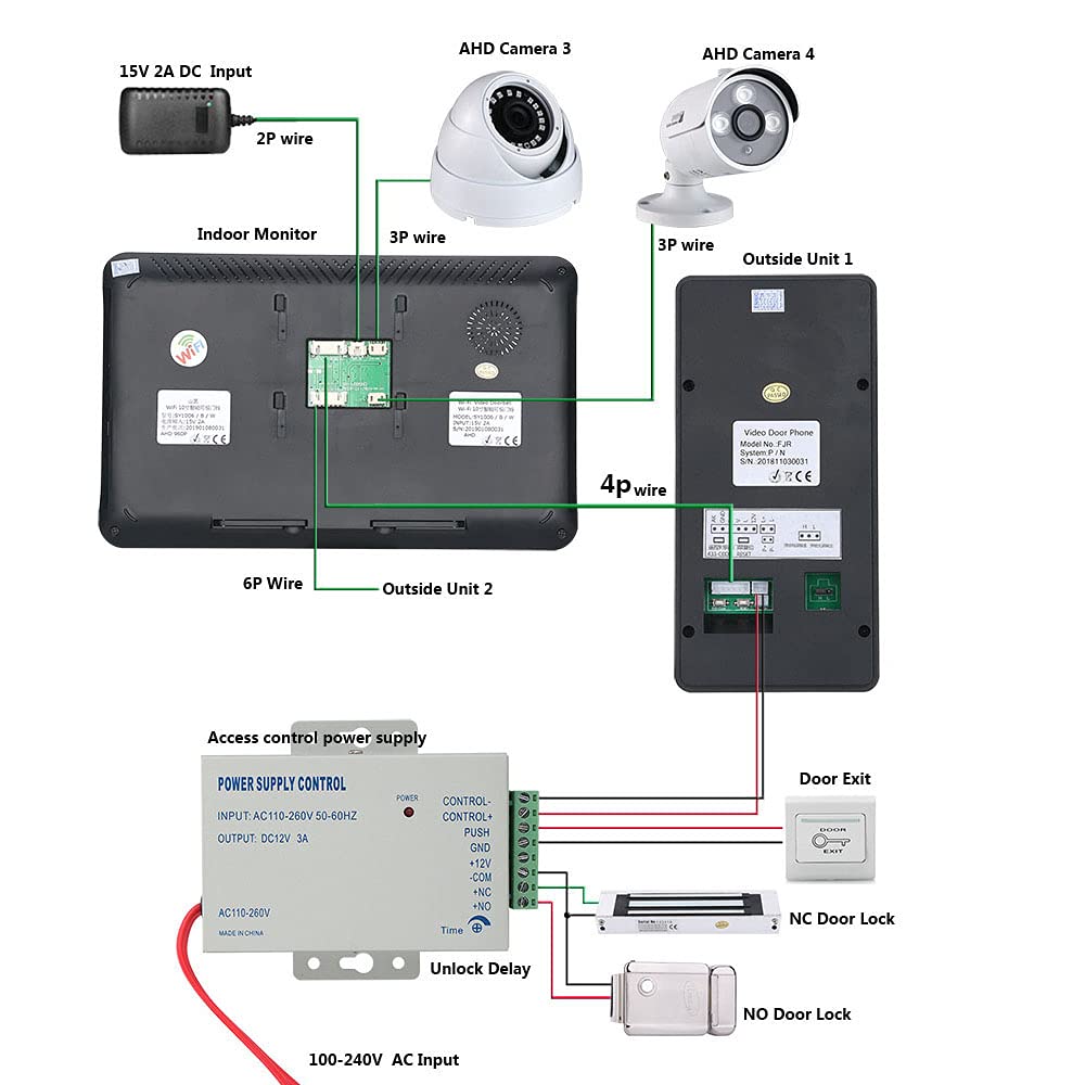 Sistema de Control de Acceso Portero automático con Timbre de vídeo inalámbrico WiFi con 2 cámaras con Cable de Alta definición 1080P de 10 Pulgadas