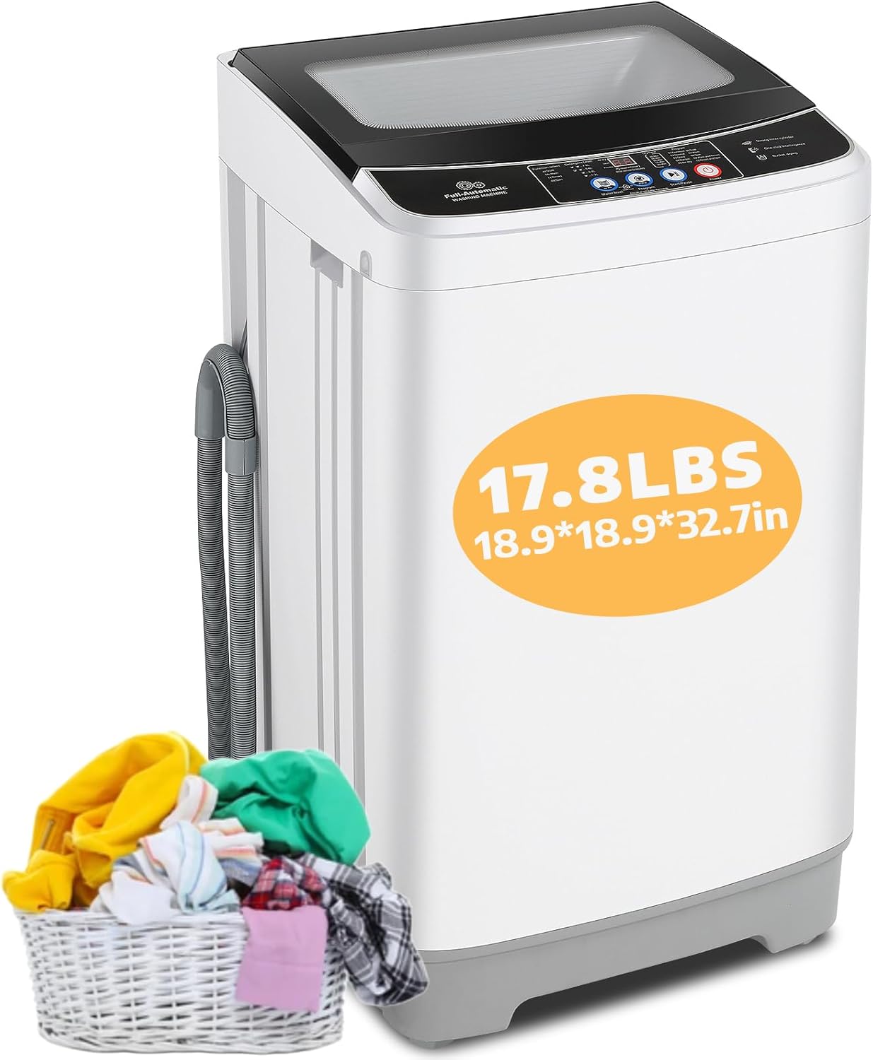 Nictemaw Portable Washing Machine, 2.4 Cu.ft Portable Washer 17.8Lbs Capacity Full Automatic Washing Machine with 10 Programs 8 Water Levels, Drain Pump, Glass Top Lid, for Apartment, Dorm, Home, RVs