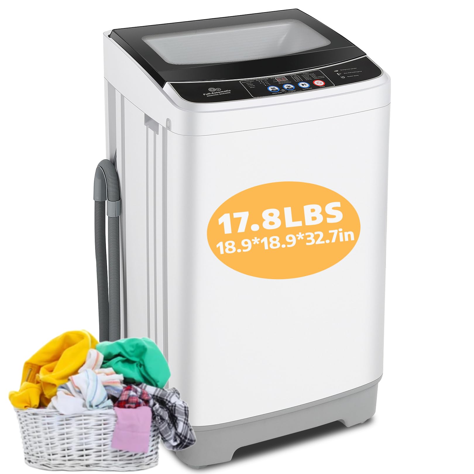 nictemaw portable washing machine, 2.4 cu.ft portable washer 17.8lbs capacity full automatic washing machine with 10 programs 8 water levels, drain pump, glass top lid, for apartment, dorm, home, rvs