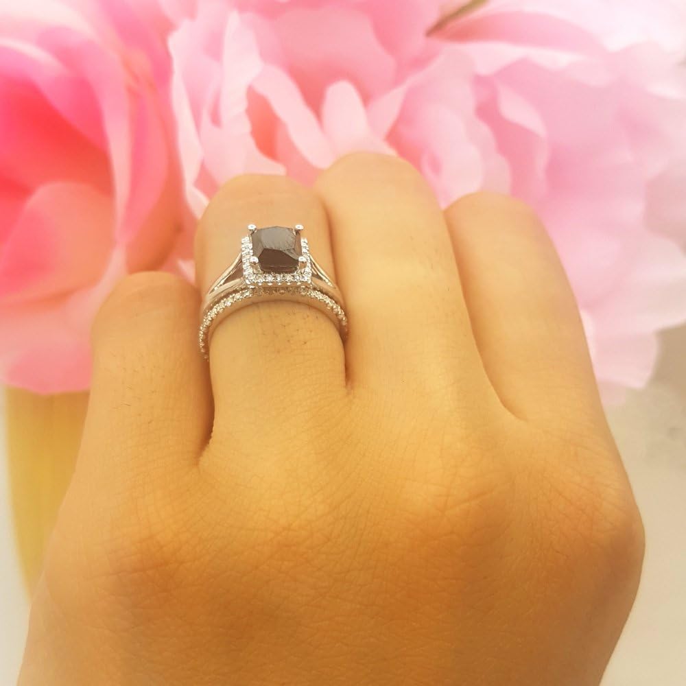 Dazzlingrock Collection 1.80 Ctw 10K Real Solid Gold Princess Black & Round White Natural Diamond Bridal Halo Engagement Ring - Image 6