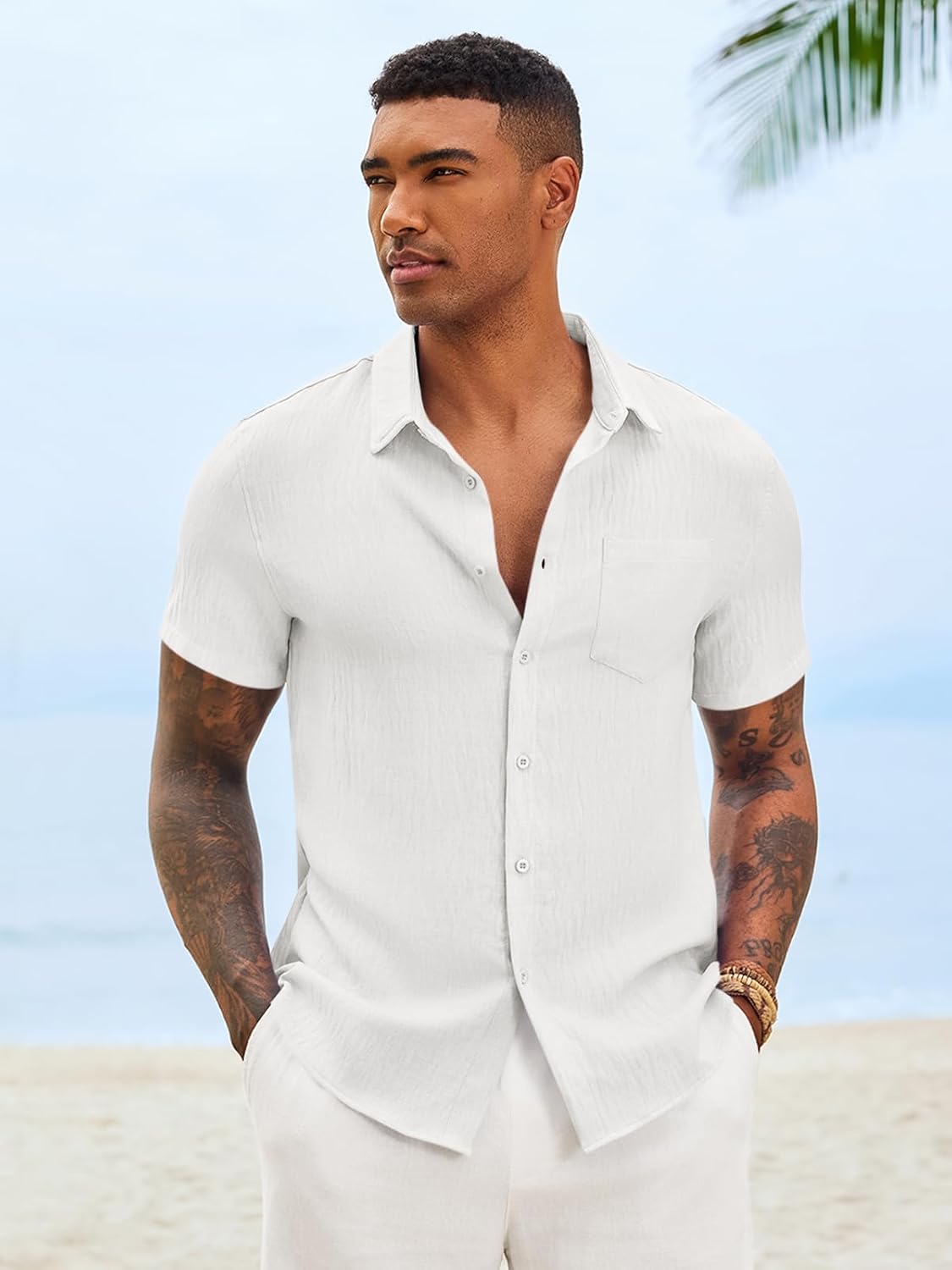 Runcati Mens Button Down Shirts Casual Short Sleeve Linen Shirt Summer Beach Textured Tops with Pocket - Image 2