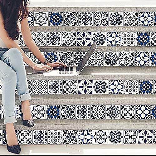 Walplus 24Pcs 6" Peel And Stick Vinyl Backsplash Tiles Stickers Tile Paint Removable Waterproof Self-Adhesive Decals Vinyl Home Kitchen Bathroom Spring Easter Decoration (Spanish & Moroccan Blue) #TOP1