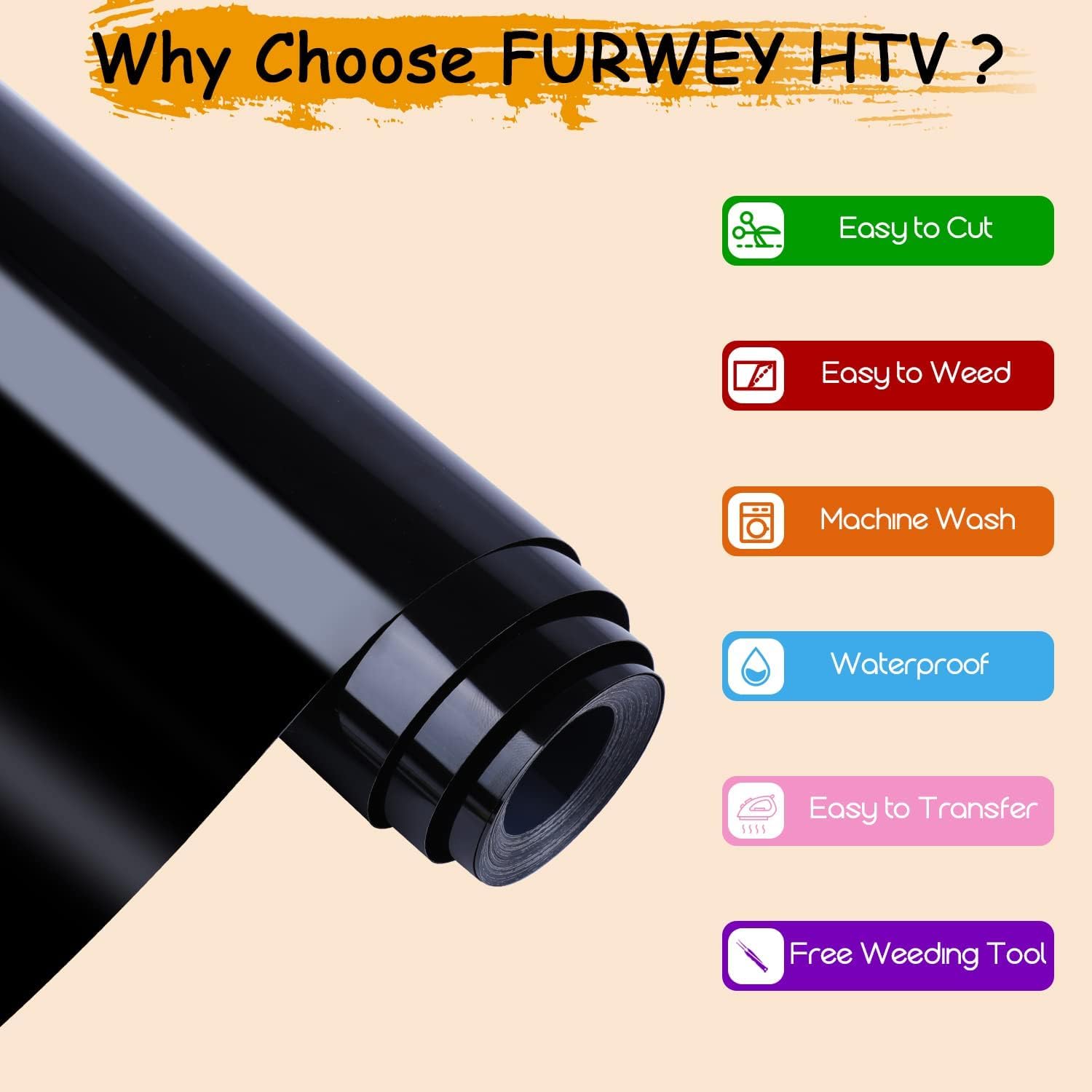 FURWEY Heat Transfer Vinyl Black Iron on Vinyl-12 x 45Ft HTV Vinyl Roll Easy to Cut & Weed for Heat Vinyl Design