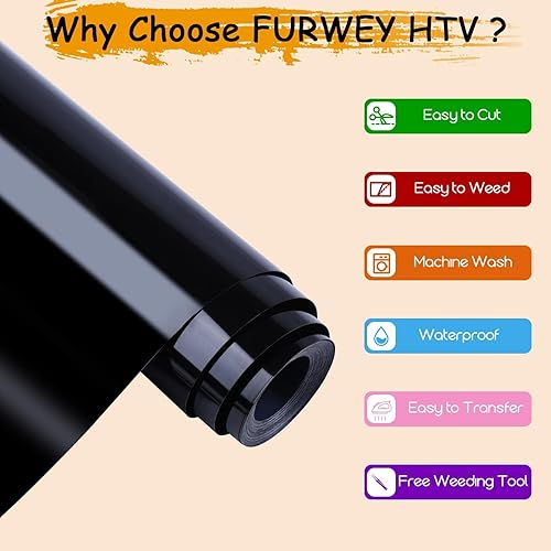Miniatura 2 de FURWEY Vinilo de transferencia de calor negro para planchar, rollo de vinilo HTV de 12 x 45 pies, fácil de cortar y desmalezar para diseño de vinilo