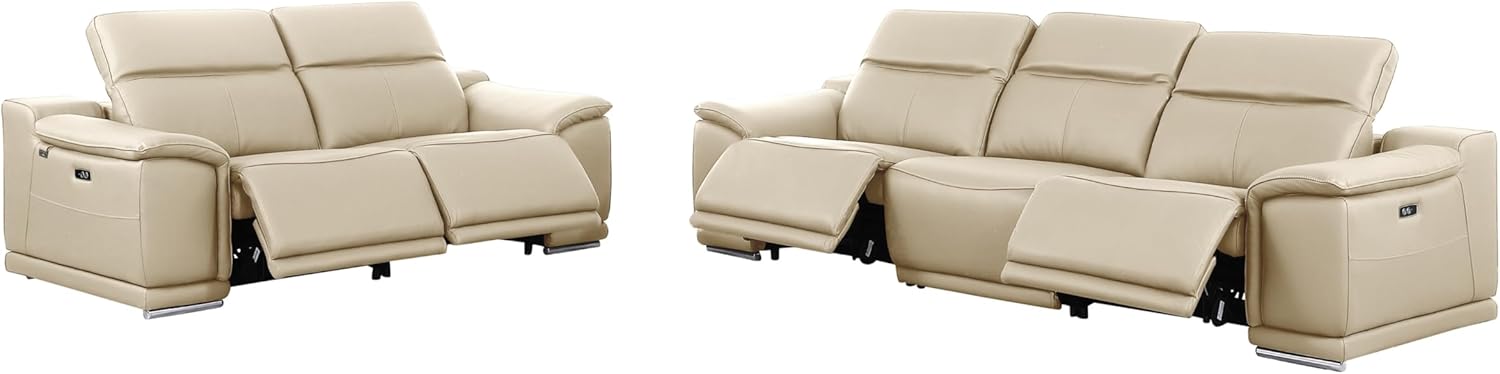 BlackJack Furniture Venice Top Grain Italian Leather Recliner 5 Seater 4 Power Reclining Seater 2 Piece Sofa Set with Adjustable Headrests Modern Seating Sofa and Loveseat for Living Room , Beige