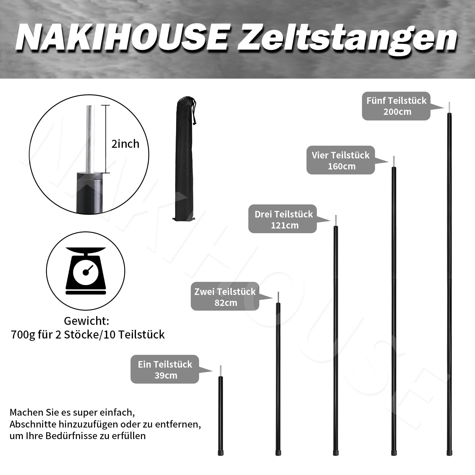 2 Stück Zeltstangen mit Aufbewahrungstasche, Aluminium Zeltstange Teleskopstange für Tarp, Zelt, Sonnensegel, Camping, verstellbar von 40cm-200cm