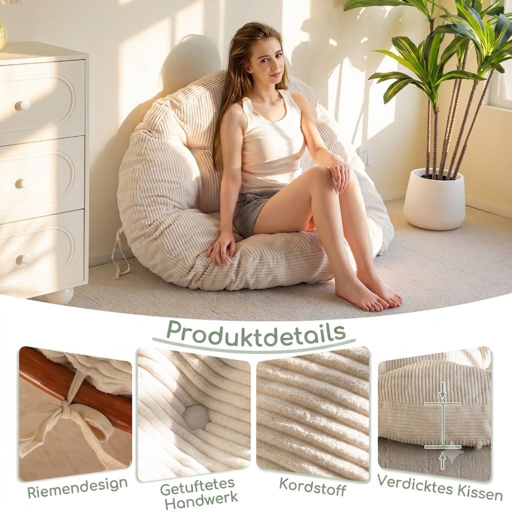 HIGOGOGO Coussin de fauteuil Papasan avec housse en velours côtelé (sans fauteuil), 120 x 120 cm, coussin de fauteuil rembourré luxuriant, beige