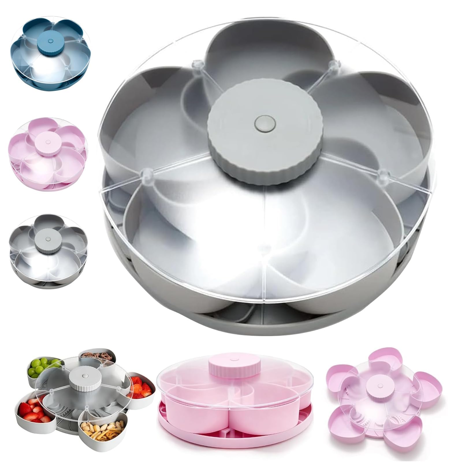 Snack Tray, Rotating Snack Pots with Lids and 5 Compartments, Portable Snacks Box with Rotating Gear Design for Charcuterie Candy, Fruits, Snacks, Nuts for Parties, Travel & Picnics, Kitchen (Grey)