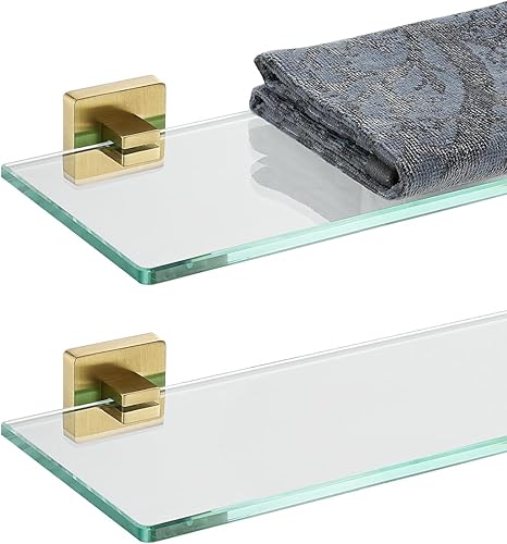 Miniatura 8 de JQK Estante de cristal para baño cromado, almacenamiento de ducha de vidrio templado de 12 x 5 pulgadas, montaje en pared cromado pulido de acero