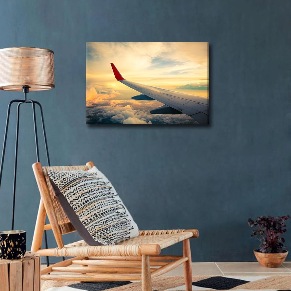 TISHIRON Wall Decor Airplane Wings Canvas Wall Art Aircraft and Sunset Clouds Modern Artwork for Office Picture Print on Canvas Wall Decorations Framed Ready to Hang for Living Bedroom Home 24x16in - Image 3