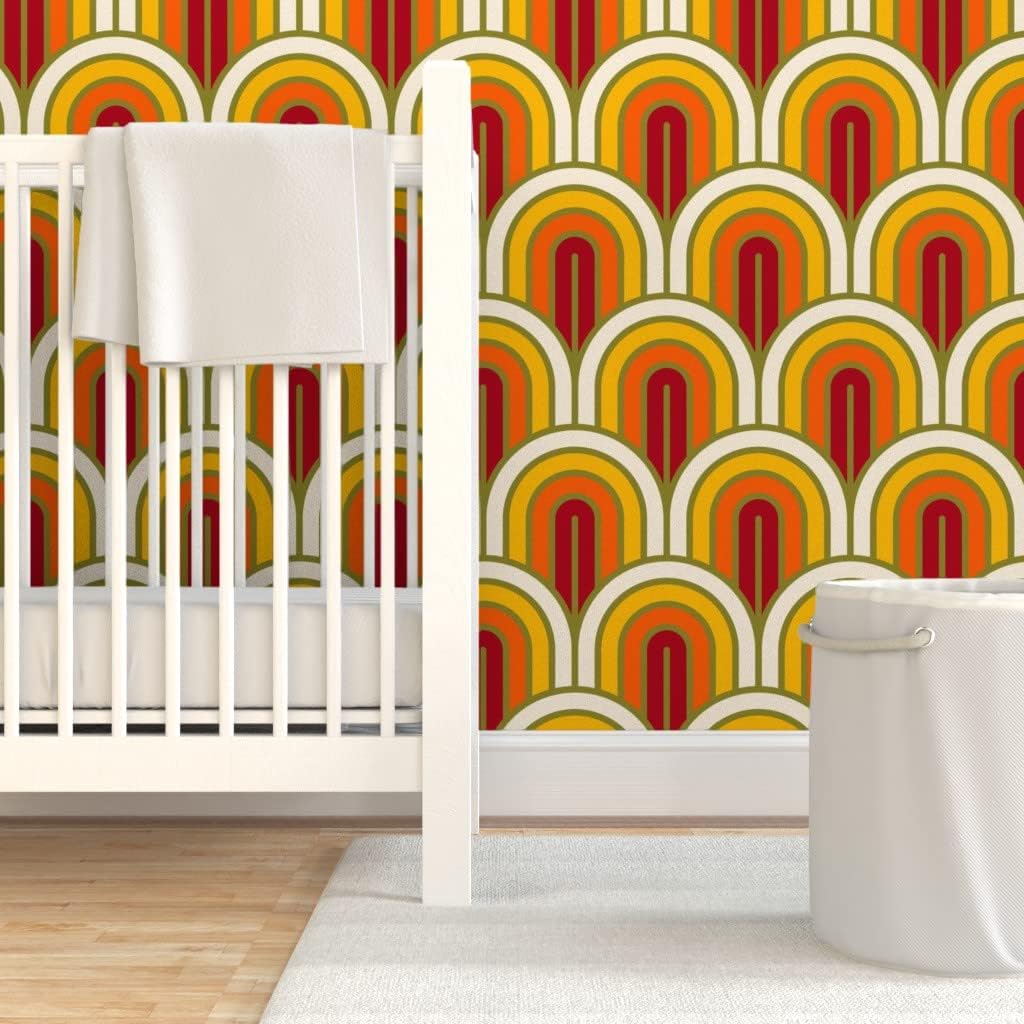 Peel & Stick Wallpaper 3ft x 2ft - Geometric Pattern Art Deco Sunset White Yellow Red Retro Orange Gold Custom Removable Wallpaper by Spoonflower