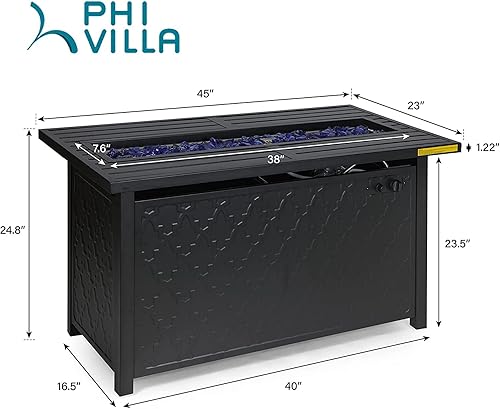 Miniatura 7 de PHI VILLA Mesa para fogata de gas, 45 pulgadas, rectangular, grande, larga, para exteriores, propano 50000 BTU, mesa de fuego con tapa y vidrio azul