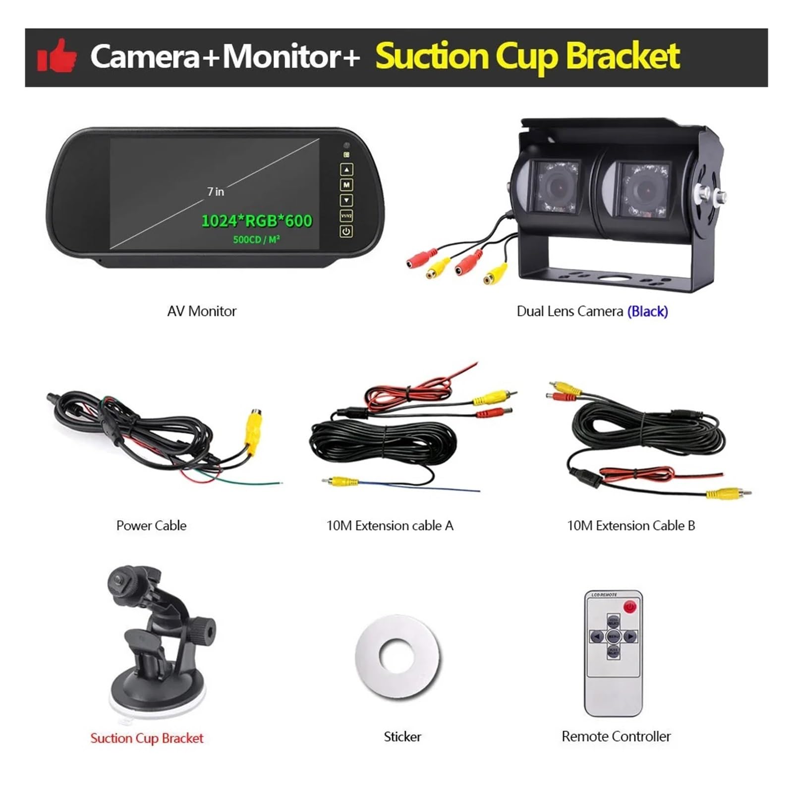 Cámara Aparcamiento Cámara Vista Trasera Coche con Monitor 7 Pulgadas, Kit Monitor Respaldo, Lente Ccd Dual, Marcha Atrás para Camión/RVs/Furgoneta Camara Marcha Atras(Suction Cup Mount-BK)