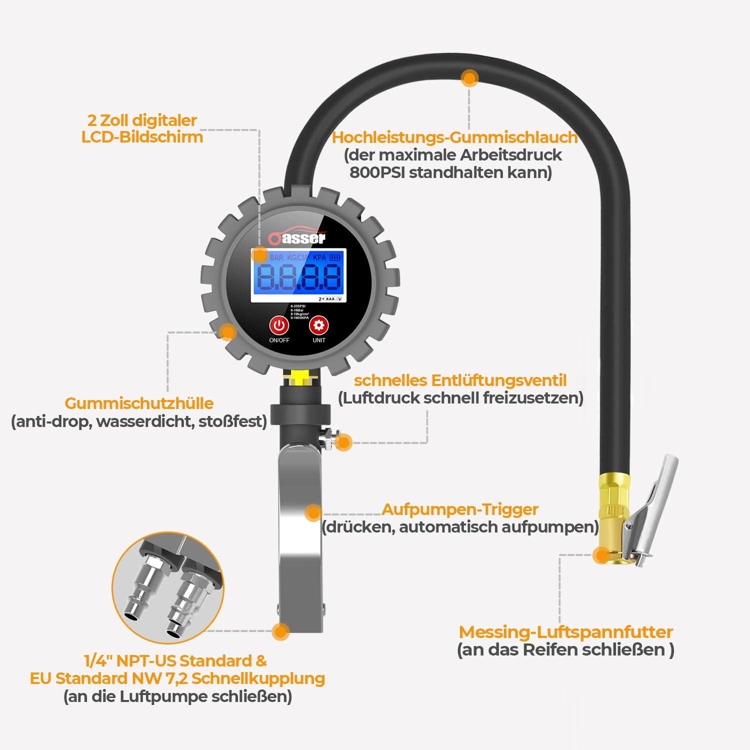 Oasser Misuratore Di Pressione Per Pneumatici Digitale Gonfiatore Pneumatici 255 Psi Tester Digitale Della Pressione Dei Pneumatici Attacco Standard Us&Eu