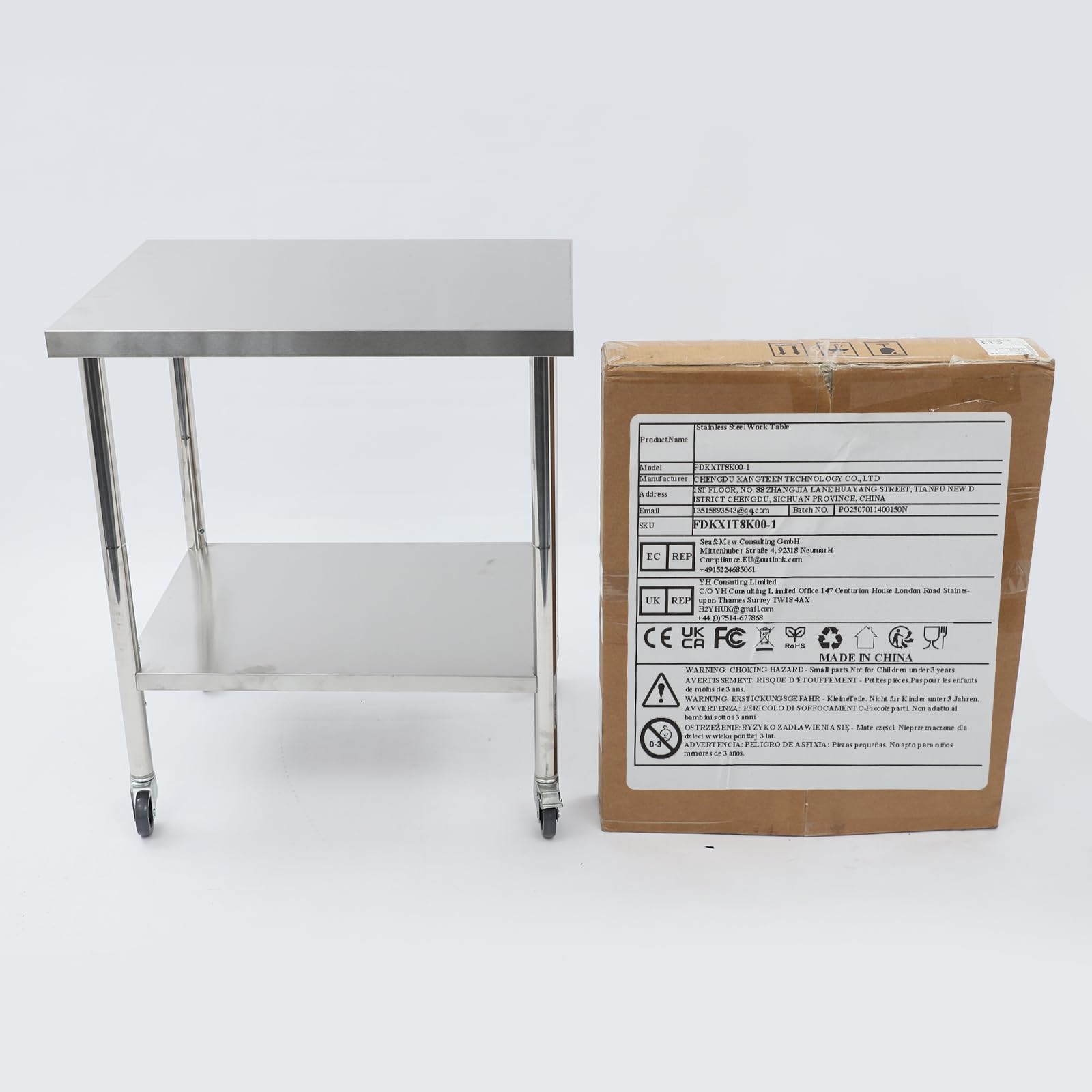 Mesa de trabajo de acero inoxidable, 76 x 60 x 85 cm, con capacidad de carga de 300 kg, mesa de preparación de alimentos profesional con 4 ruedas, mesa de cocina para preparar alimentos, lavar