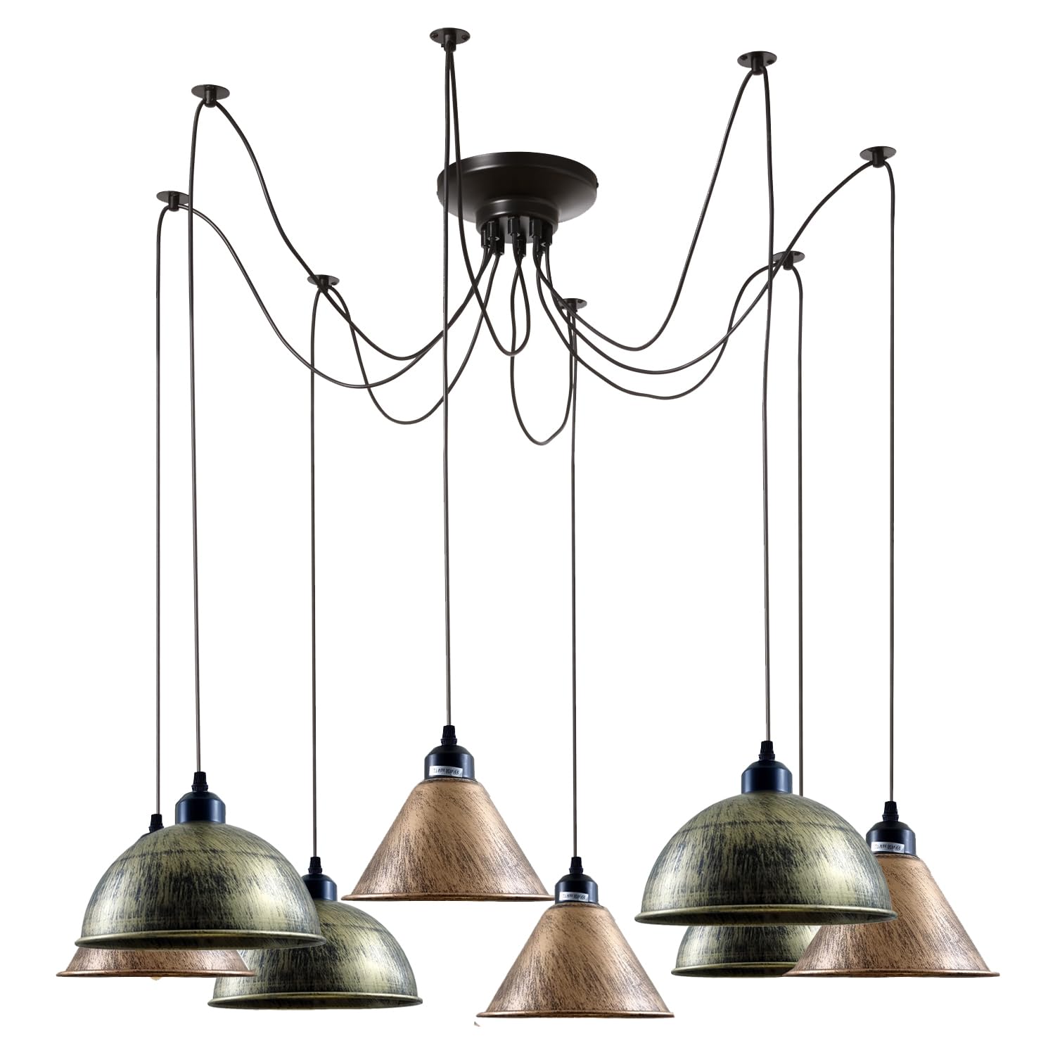 DC Voltage 8 Way Spider Ceiling Light Pendant with 195cm Adjustable Cables, Industrial Metal Cone Shade E27 Hanging Chandelier for Living Room, Kitchen Island, Cafe & Bar