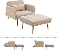 Vista 1 de Pvillez Chaise Lounge para interiores con respaldo copetudo, silla de terciopelo de gran tamaño con otomana y patas de metal rosa, silla de descanso