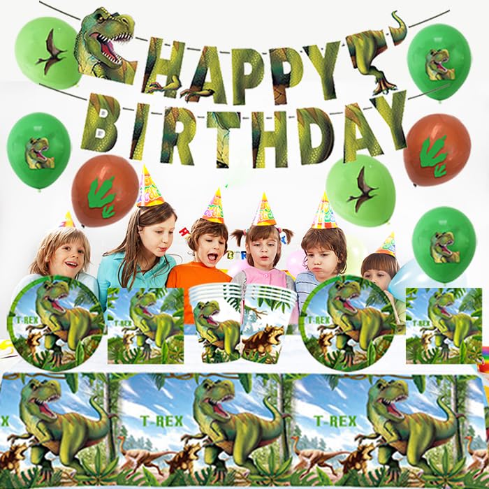 Decorazione Compleanno Dinosauri: 18 Palloncini + 10 Piatti + 10 Tazze + 10 Tovaglioli + 1 Tovaglia + 1 Festone, Kit Compleanno Dinosauri, Verde, Unisex Adulti