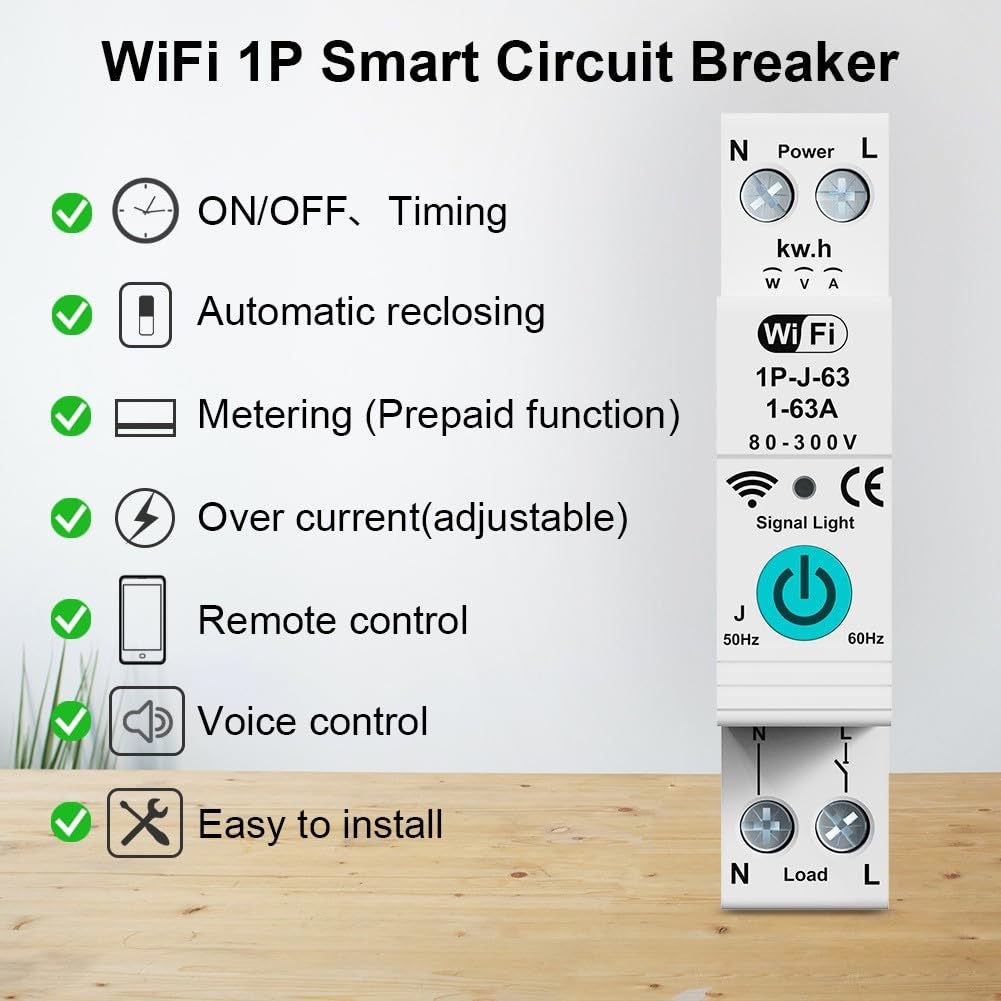 63A WiFi Disyuntor Inteligente Protección contra sobrecorriente Control Remoto de bajo Voltaje Monitoreo de energía, 3 Modos de sincronización para Tuya