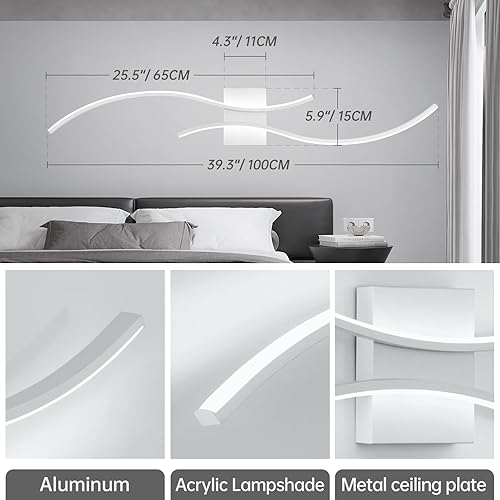Miniatura 5 de CANEOE Aplique de pared moderno, lámpara de pared LED de tira larga blanca, lámpara de pared de interior con diseño ondulado de 39 pulgadas para
