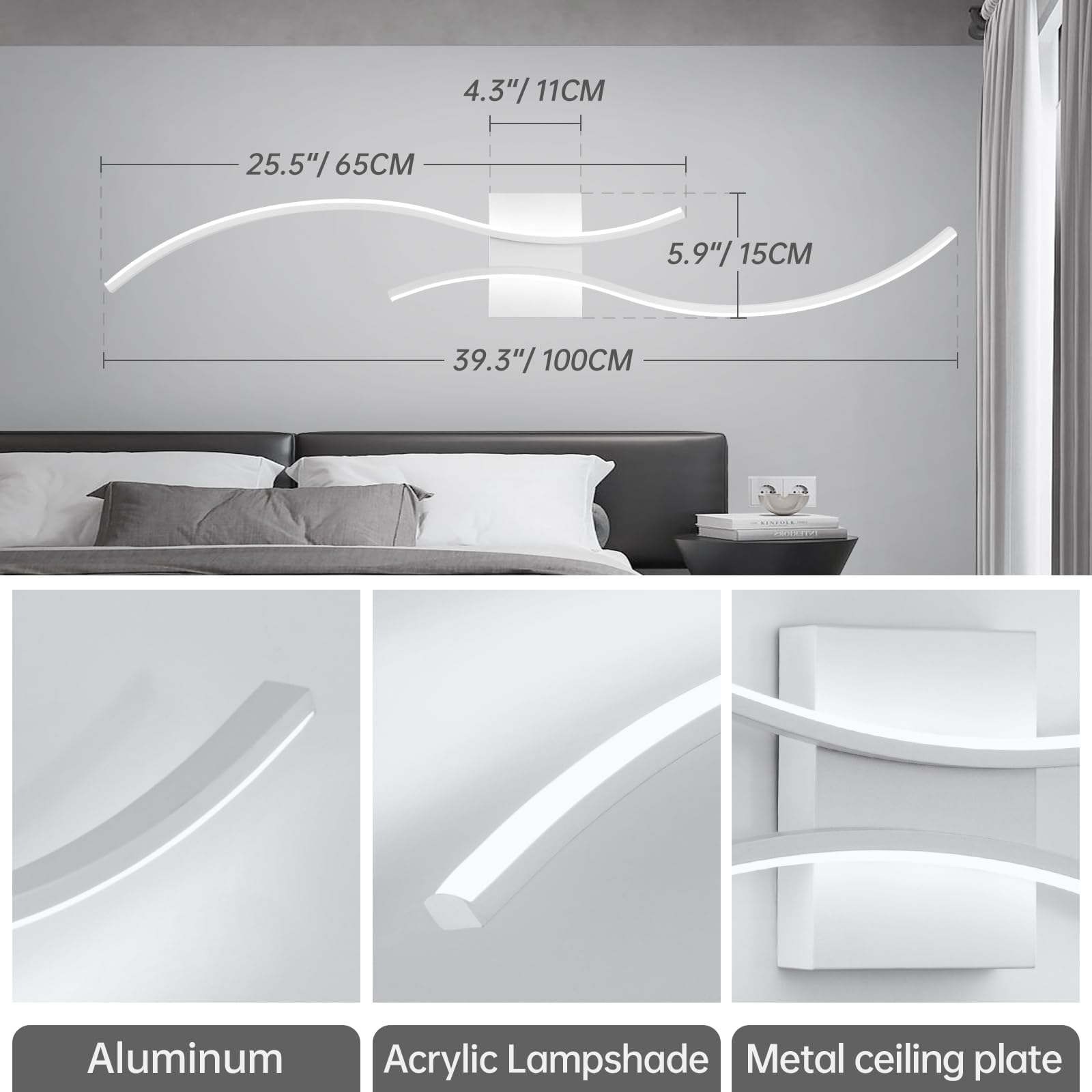 CANEOE Modern Wall Sconce, White Long Strip Led Wall Light Fixtures, 39inch Wave Design Indoor Wall Lamp for Living Room Bedroom Porch Hallway Bathroom Vanity Light (Cool White, 6000K)