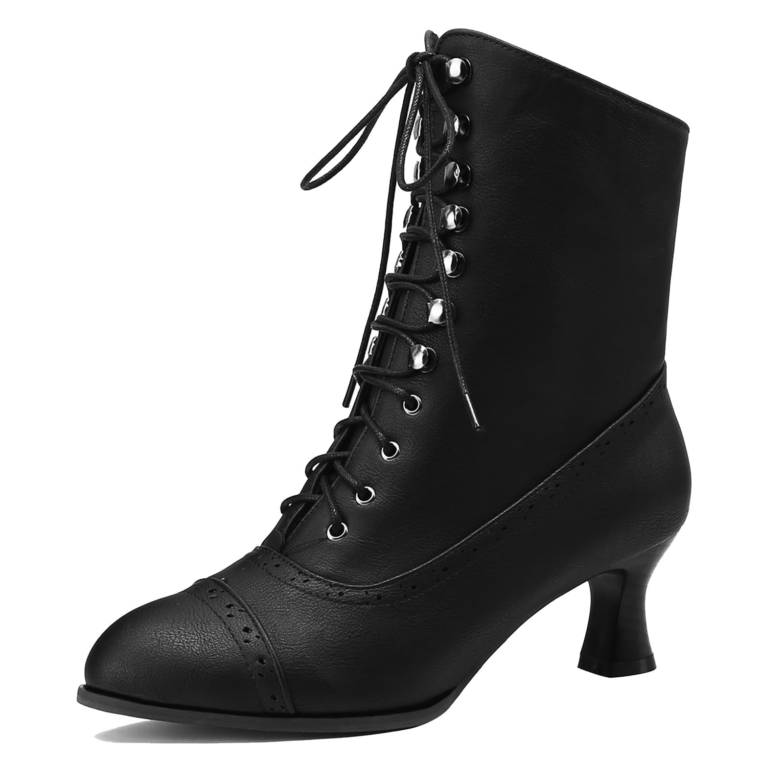 Bottines à lacets pour femme - Talon chaton - Style victorien - Bout pointu - Fermeture éclair latérale