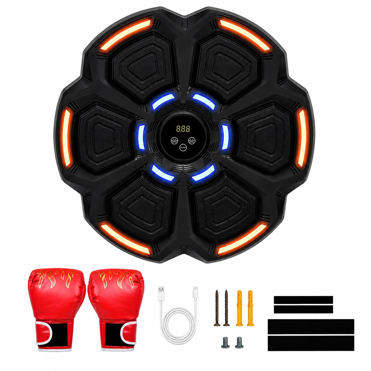 Boxe musicale per casa con Bluetooth, luci di reazione LED e funzione di conteggio, allenamento da boxe con 9 livelli di velocità, montaggio a parete senza foratura, include 2 guantoni da boxe