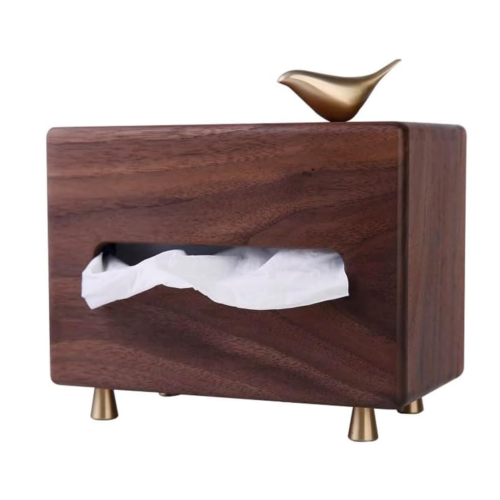 Porta fazzoletti in Legno di Noce con Supporto Decorativo a Forma di Uccellino in Bronzo, Ideale per casa, Ufficio e Auto.
