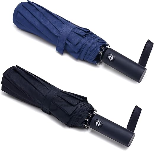 ELRINZA 2 PACK Compact Travel Umbrella Windproof Collapsible 10 RIBS Auto Open &amp; Close Folding Small Umbrella Black + Blue