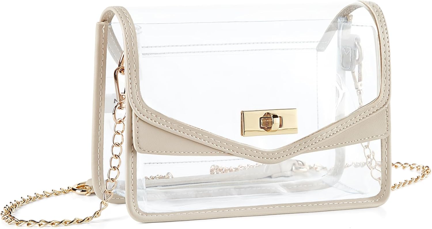 Missnine Clear Bag for Stadium Events Clear Crossbody Purse Stadium Approved Women Transparent Shoulder Bag for Concerts Khaki Leather Flap