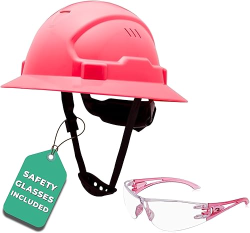 Miniatura 1 de Casco de construcción rosa aprobado por la OSHA ventilado de ala completa, cascos de seguridad rosa para mujeres con gafas de seguridad, cascos de