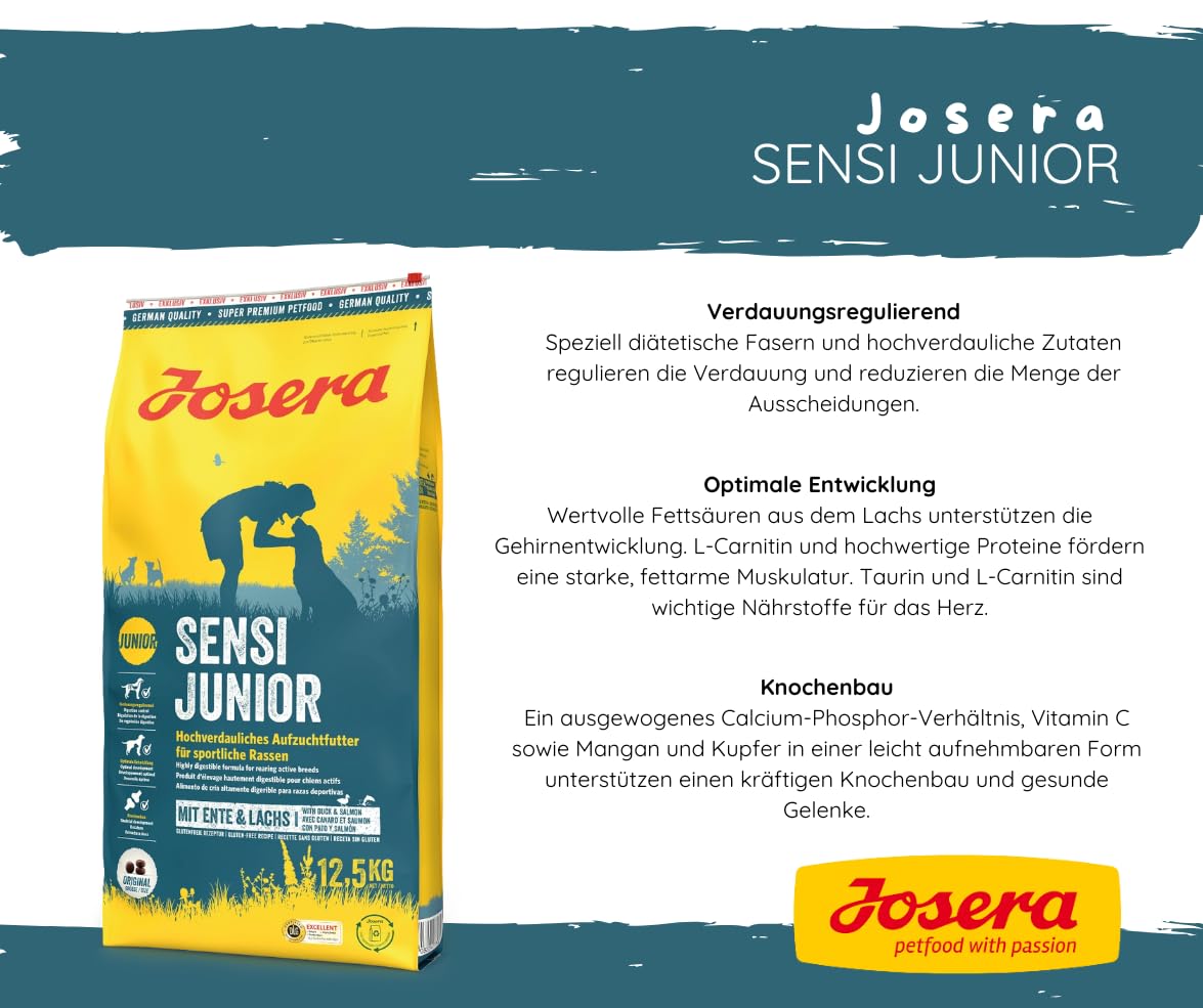 Josera - Hundefutter - Josera Exclusive SensiJunior - Trockenfutter 12,5 KG - Hochverdauliches Aufzuchtfutter für Hunde + Goodie Quietsche Seppl