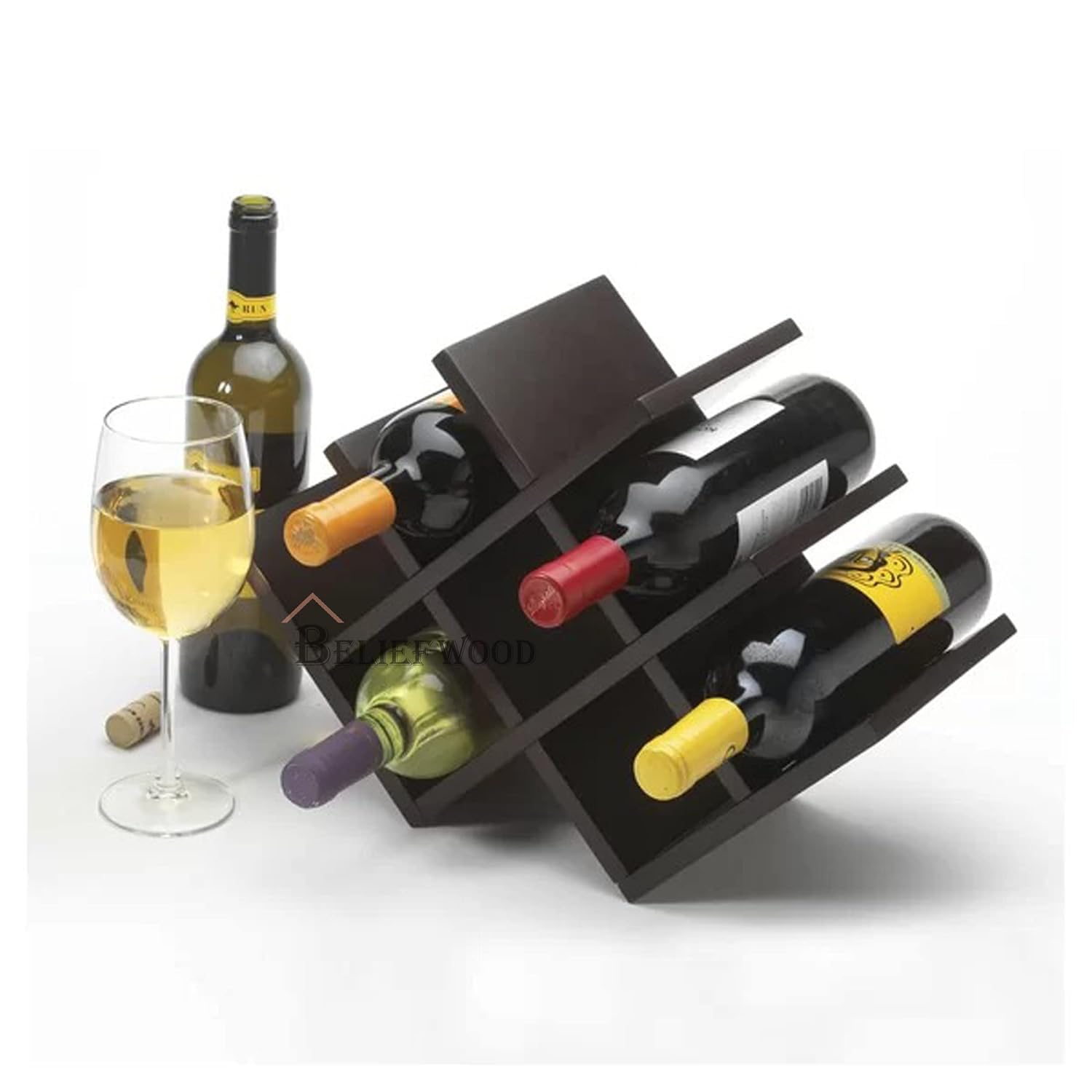 Wooden Wine Rack | 8 Bottle Wine Holder | Tabletop Wine Storage Rack | Modern Wine Bottle Organizer Stand for Home, Kitchen, Bar, Dining Room & Countertop | Black-image-11