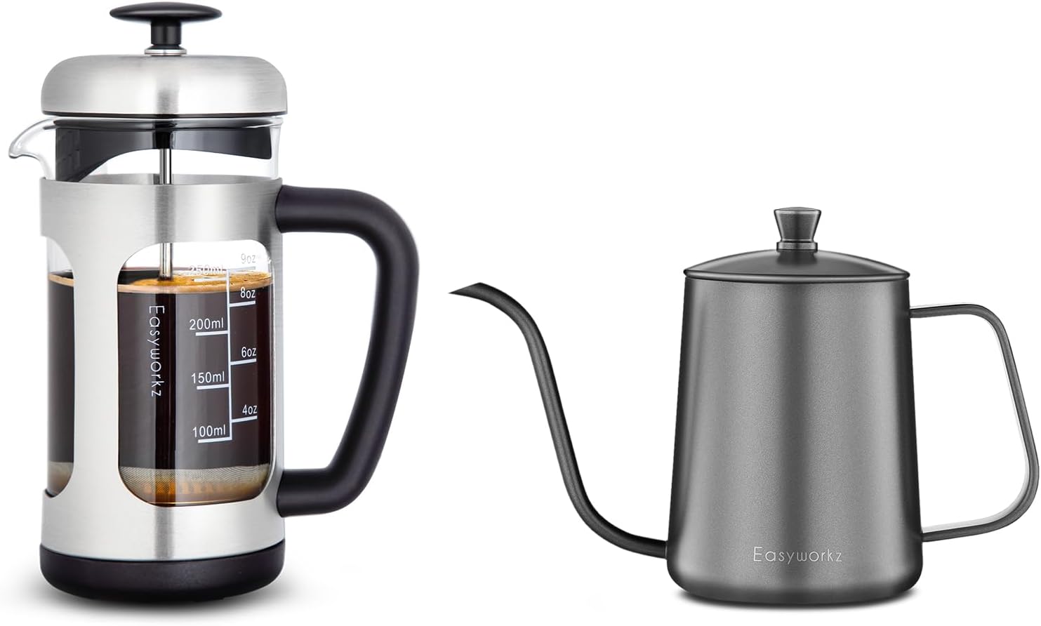 Easyworkz Stainless Steel French Press 12 oz, Bundled Gage Gooseneck Pour Over Coffee Kettle 12 oz Stainless Steel Hand Drip Coffee Pot With Long Narrow Spout