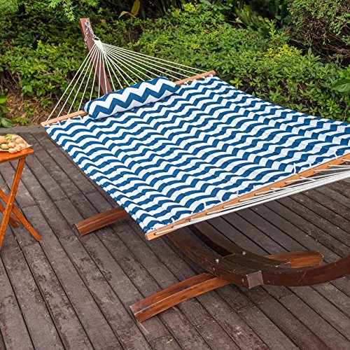 Image of Lazy Daze Hammocks 12FT Quilted Fabric Double Hammock with Spreader Bars and Detachable Pillow, 2 Person Hammock for Outdoor Patio Backyard Poolside, 450 LBS Weight Capacity, Blue Chevron Stripe