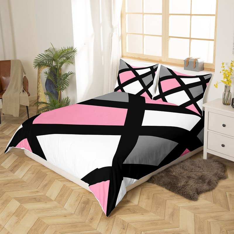Modern Abstract Bedding Duvet Cover Set Queen Stripe Simple Geometric Bedding Set for Kids Boys Girls Pink Gray Black White Decor Comforter Cover Set Microfiber Bedspread Cover Bedroom Bedclothes