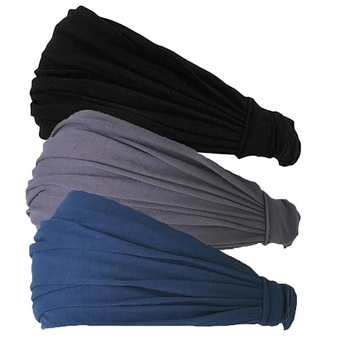 Negro, gris oscuro, azul marino, paquete de 3 diademas japonesas para hombres y mujeres, cómodas bandas para la cabeza con elástico seguro ajuste