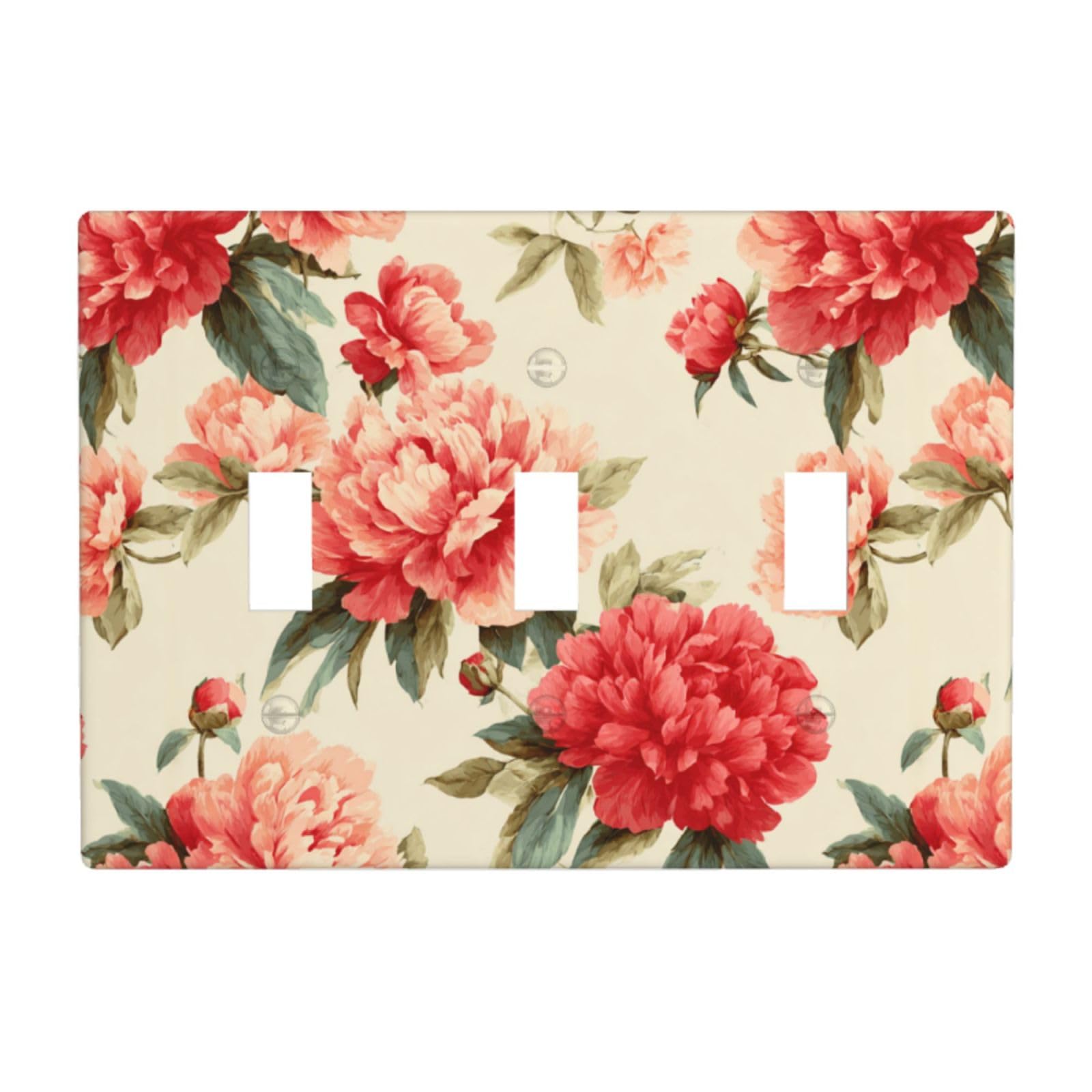Pink Peonies On Cream Light Switch Covers 3 Gang Triple Toggle Wall Plate Switchplate Electrical Faceplate for Bathroom Kitchen Bedroom Decor