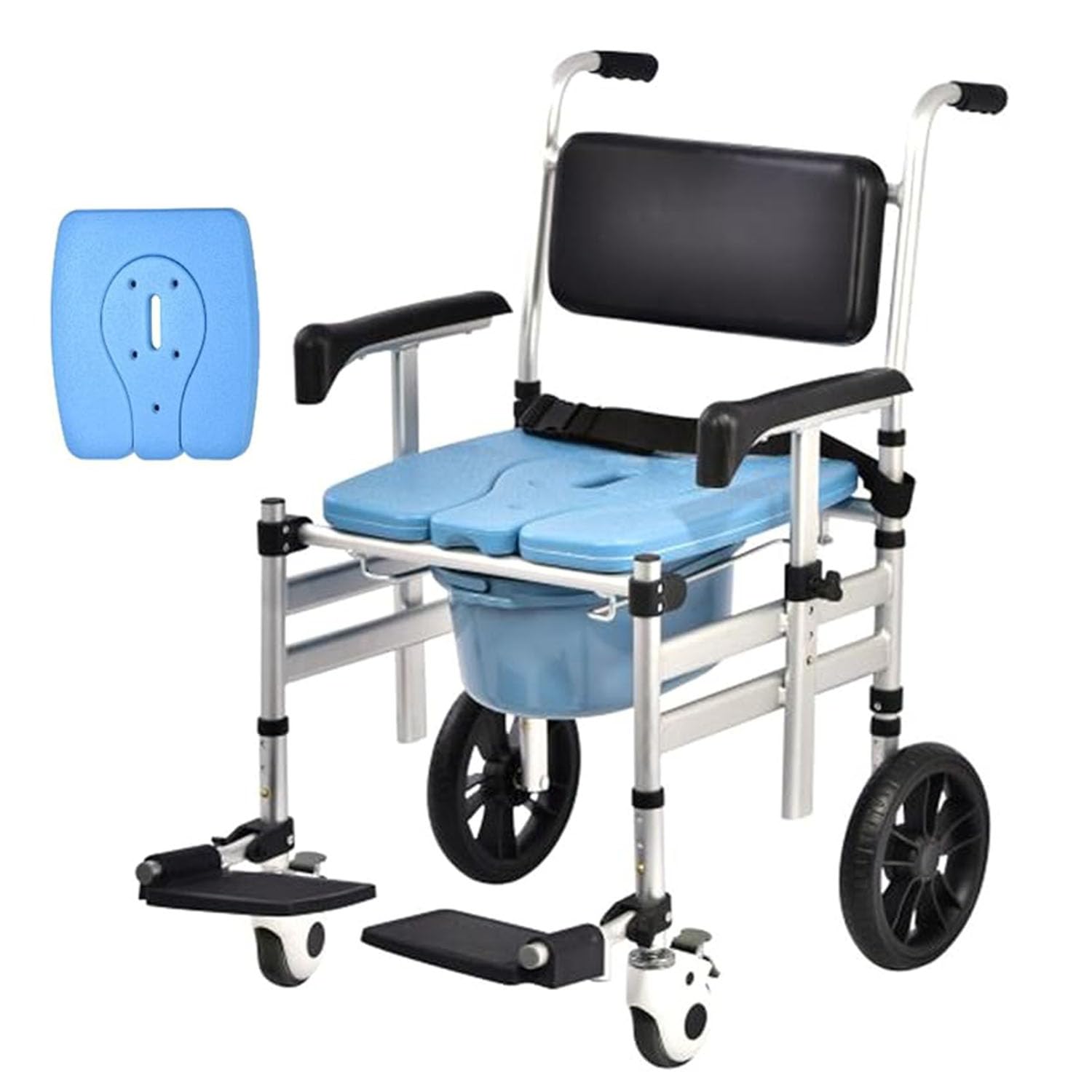 Foldable Bedside Commode Chair Adjustable Armrest Flip Footrest Waterproof Shower Seat with Wheels for Elderly Disabled