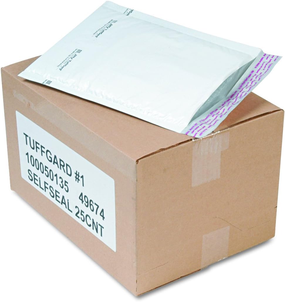 Sealed Air Jiffy TuffGard Self-Seal Cushioned Mailer,#1, Barrier Bubble Air Cell Cushion, Self-Adhesive Closure, 7.25 x 12, White, 25/CT