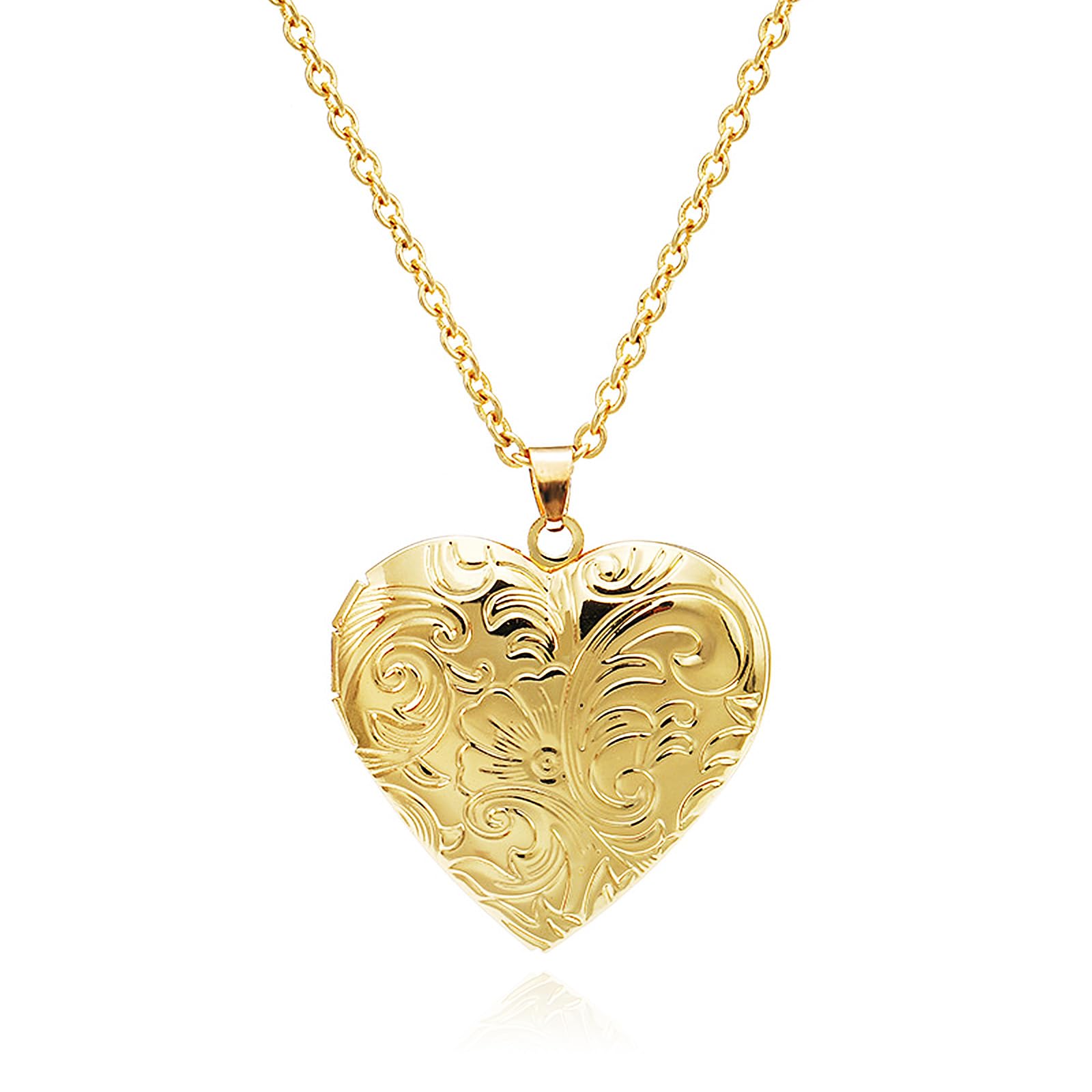 POYAMUSE Heart Locket Necklace for Women, Vintage Brass Locket Pendant - Floral Engraved Design, Heart Shaped Pendant Keepsake Jewelry
