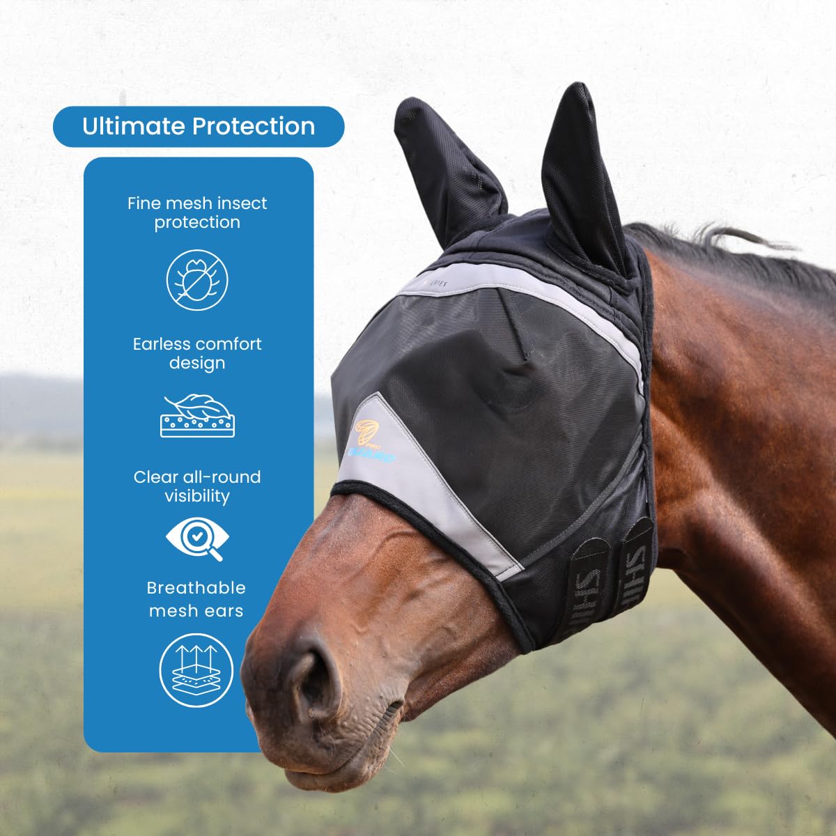 Shires FlyGuard Pro - Máscara de malla fina con orejas, color negro azabache