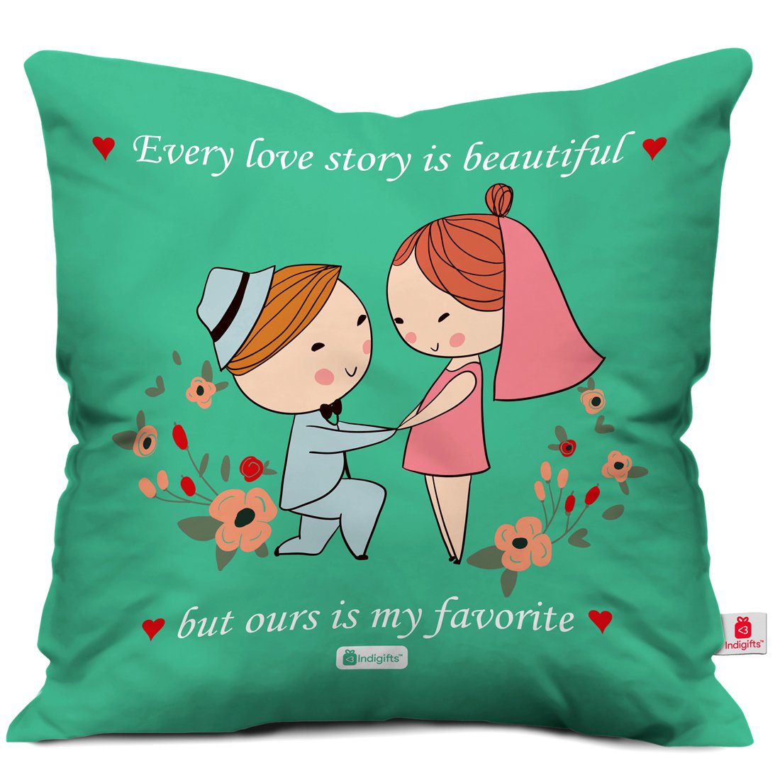 Indigifts Satin Love Quote Cushion Cover with Filler (Green, 12x12